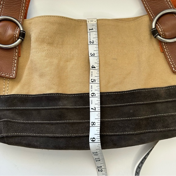 FOSSIL Khaki Canvas Brown Suede with Rust Colored Suede Straps Shoulder Tote Bag - Picture 8 of 11